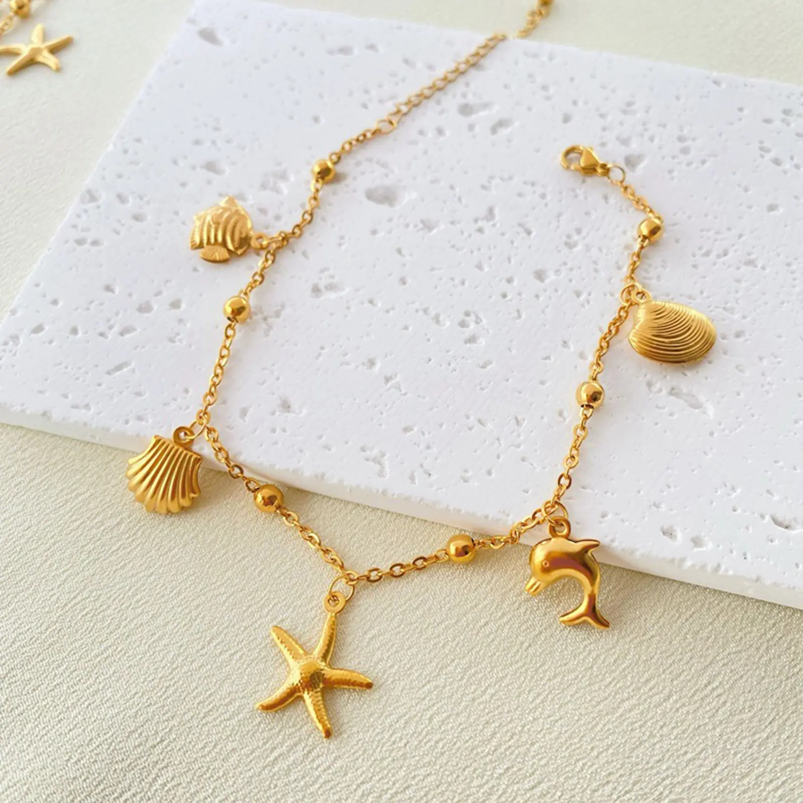 304 Stainless Steel Link Cable Chain Anklet Gold Color Marine Animal Dolphin Starfish For Women Beach 21cm(8 2/8") Long, 1 Piece
