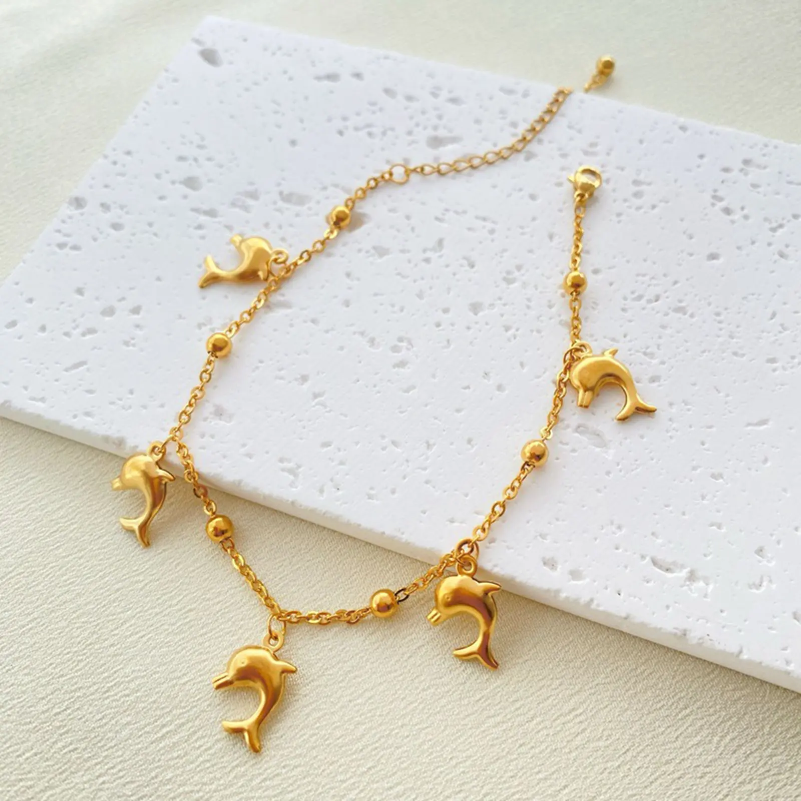 304 Stainless Steel Link Cable Chain Anklet Gold Color Marine Animal Dolphin Starfish For Women Beach 21cm(8 2/8") Long, 1 Piece