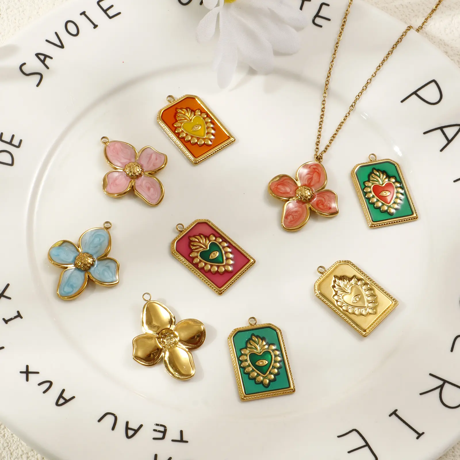 2 PCs 304 Stainless Steel Enamel Charms Flower Ex Voto Heart 18K Real Gold Plated Pendants For DIY Necklace Jewelry Making