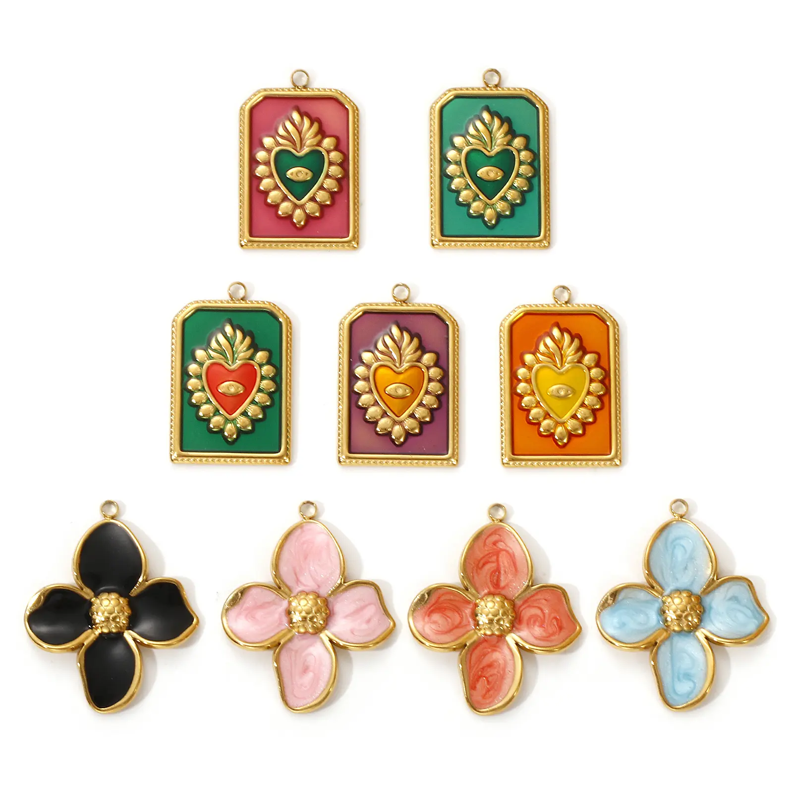 2 PCs 304 Stainless Steel Enamel Charms Flower Ex Voto Heart 18K Real Gold Plated Pendants For DIY Necklace Jewelry Making