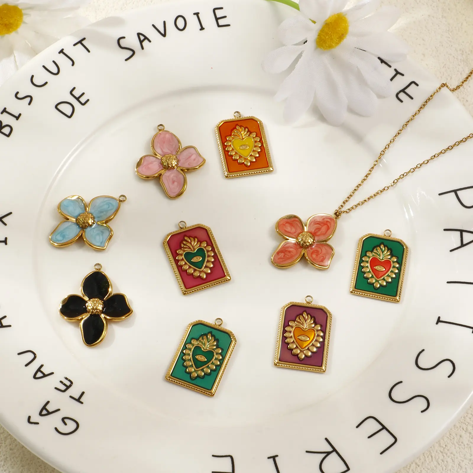 2 PCs 304 Stainless Steel Enamel Charms Flower Ex Voto Heart 18K Real Gold Plated Pendants For DIY Necklace Jewelry Making