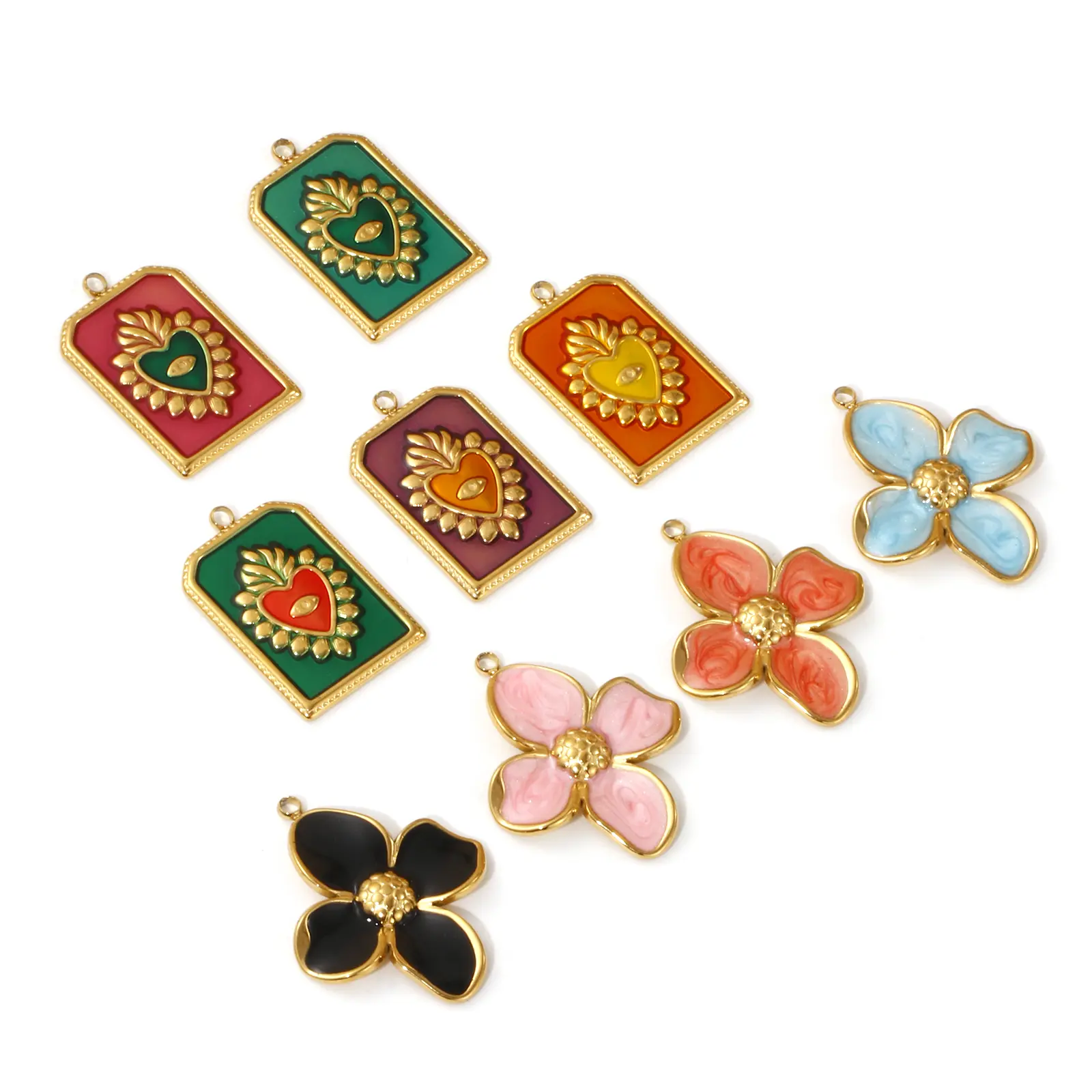 2 PCs 304 Stainless Steel Enamel Charms Flower Ex Voto Heart 18K Real Gold Plated Pendants For DIY Necklace Jewelry Making