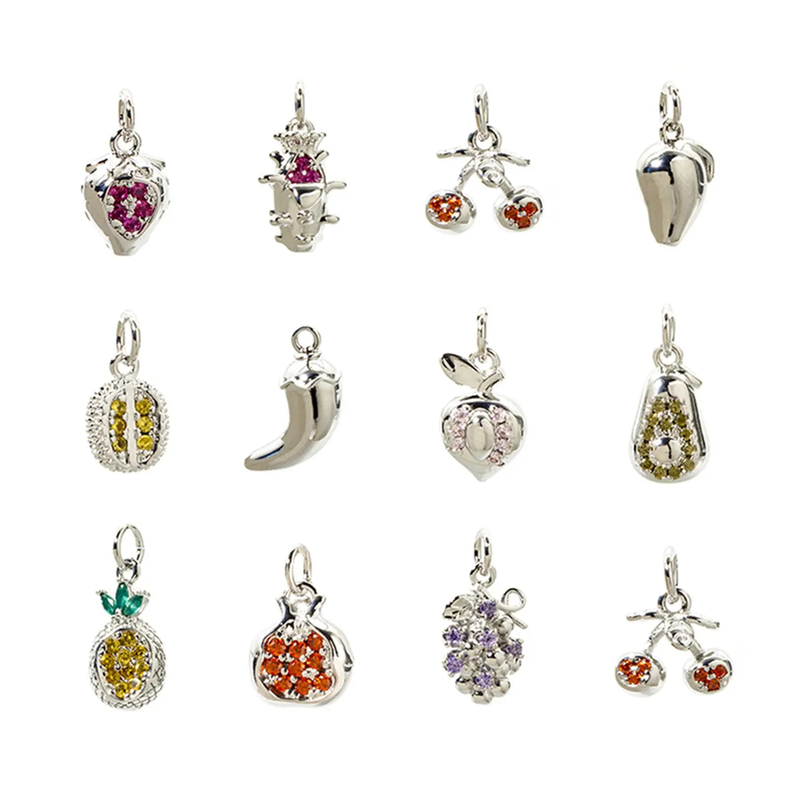 2 PCs Brass Charms Fruit 3D Multicolour Cubic Zirconia Pomegranate Strawberry Mango Peach Grape Pendants For Necklace DIY Making