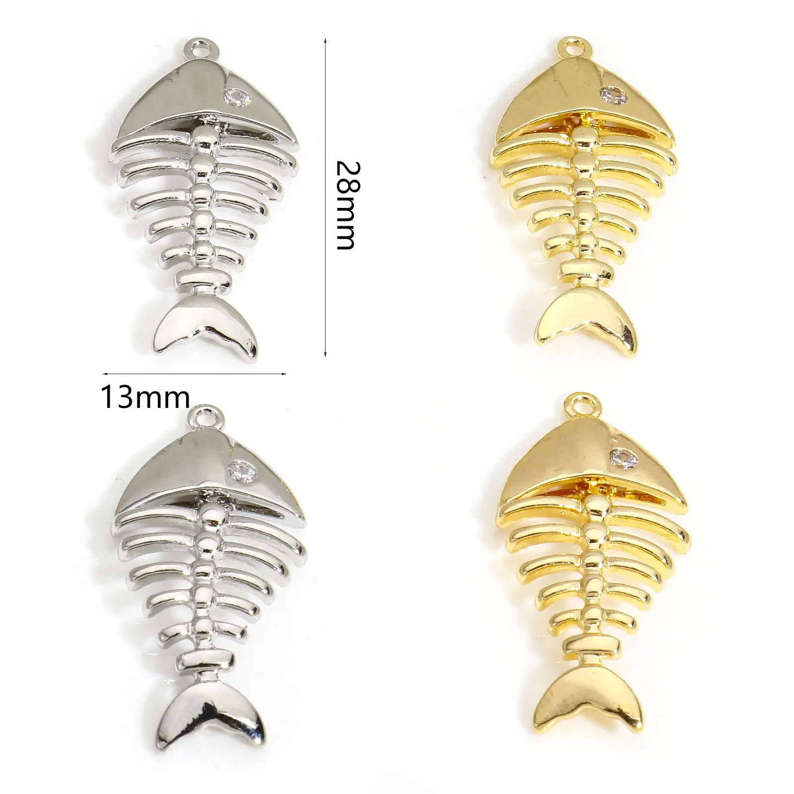 2 Pcs Metal Fish Bone Charms Clear Cubic Zirconia Ocean Fish Pendant For Diy Necklace Jewelry Making Findings 28x13mm
