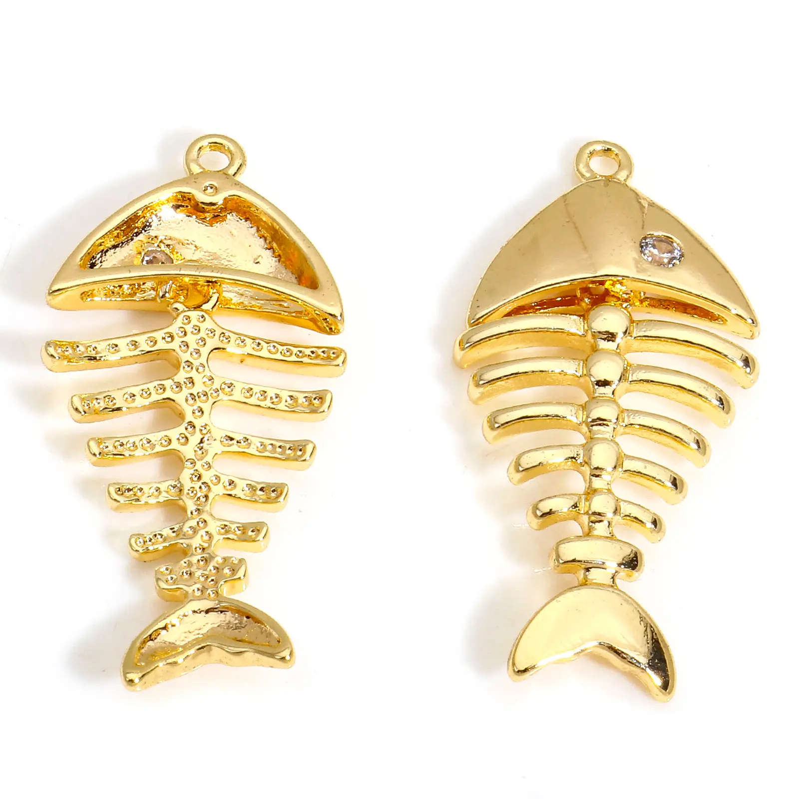 2 Pcs Metal Fish Bone Charms Clear Cubic Zirconia Ocean Fish Pendant For Diy Necklace Jewelry Making Findings 28x13mm