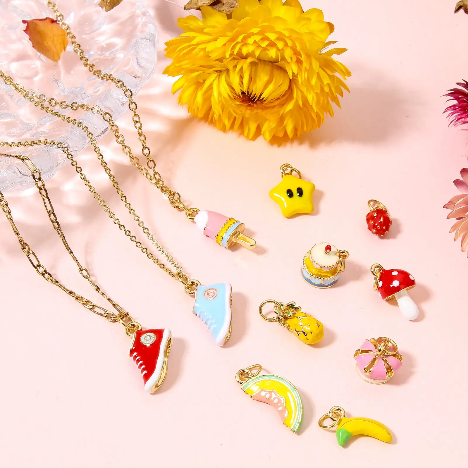 1 Piece Cute 3D Animal Food Charms For Jewelry Making 18K Real Gold Color Enamel Star Banana Strawberry Pendant Necklace DIY