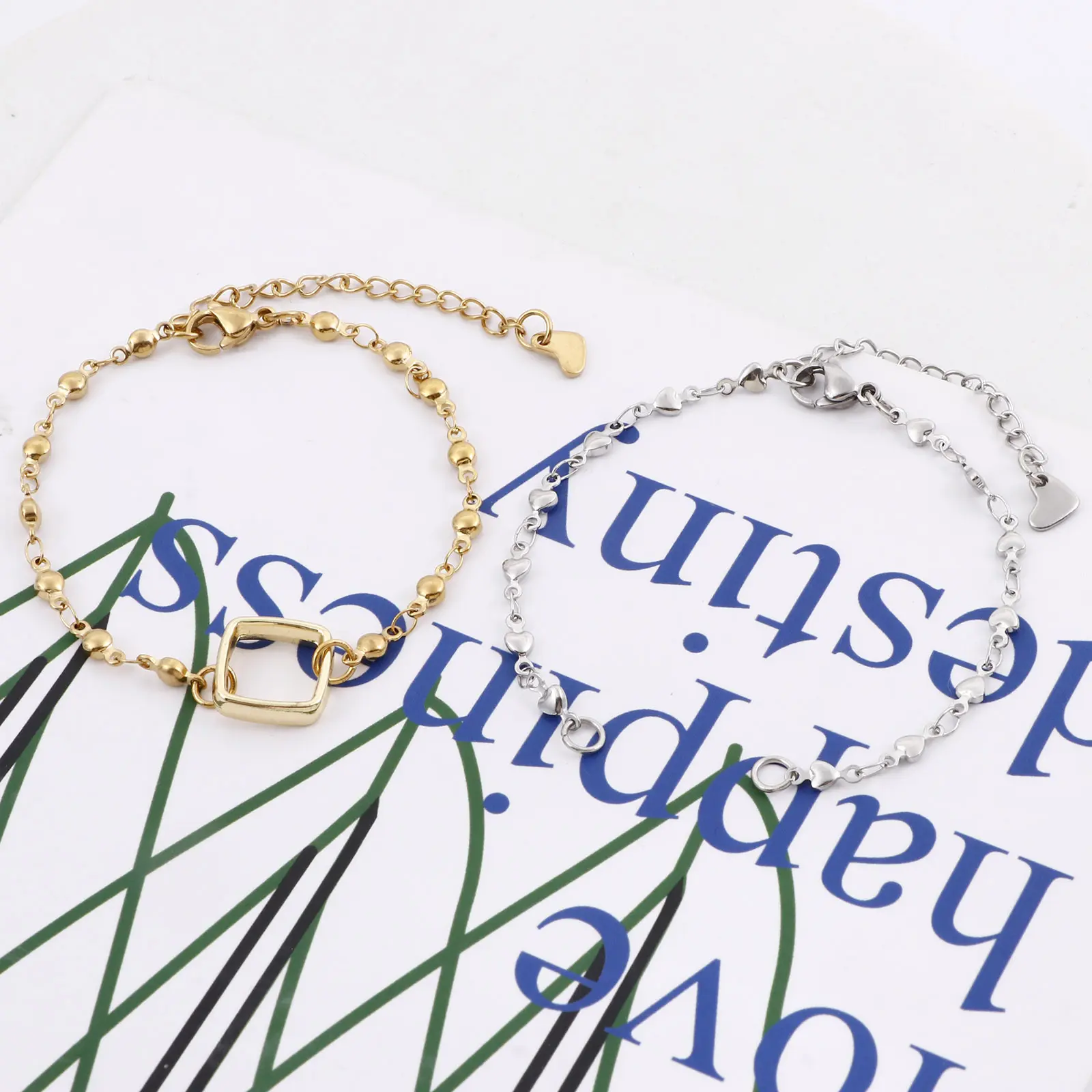 304 Stainless Steel Link Chain Connector Bracelets Anklet Round Heart DIY Making Jewelry Findings 16.5cm(6 4/8") long, 2 PCs