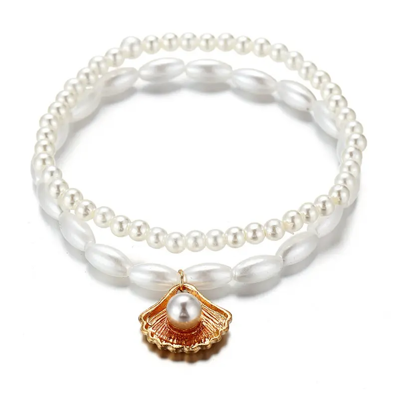 1 Set ( 2 PCs/Set) Elegant Anklet White Scallop Imitation Pearl Beach On Foot Ankle Bracelet Women Jewelry 22cm - 20cm long
