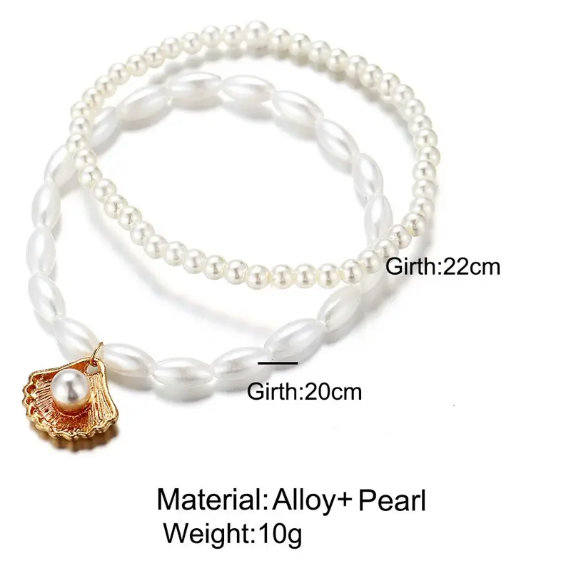 1 Set ( 2 PCs/Set) Elegant Anklet White Scallop Imitation Pearl Beach On Foot Ankle Bracelet Women Jewelry 22cm - 20cm long
