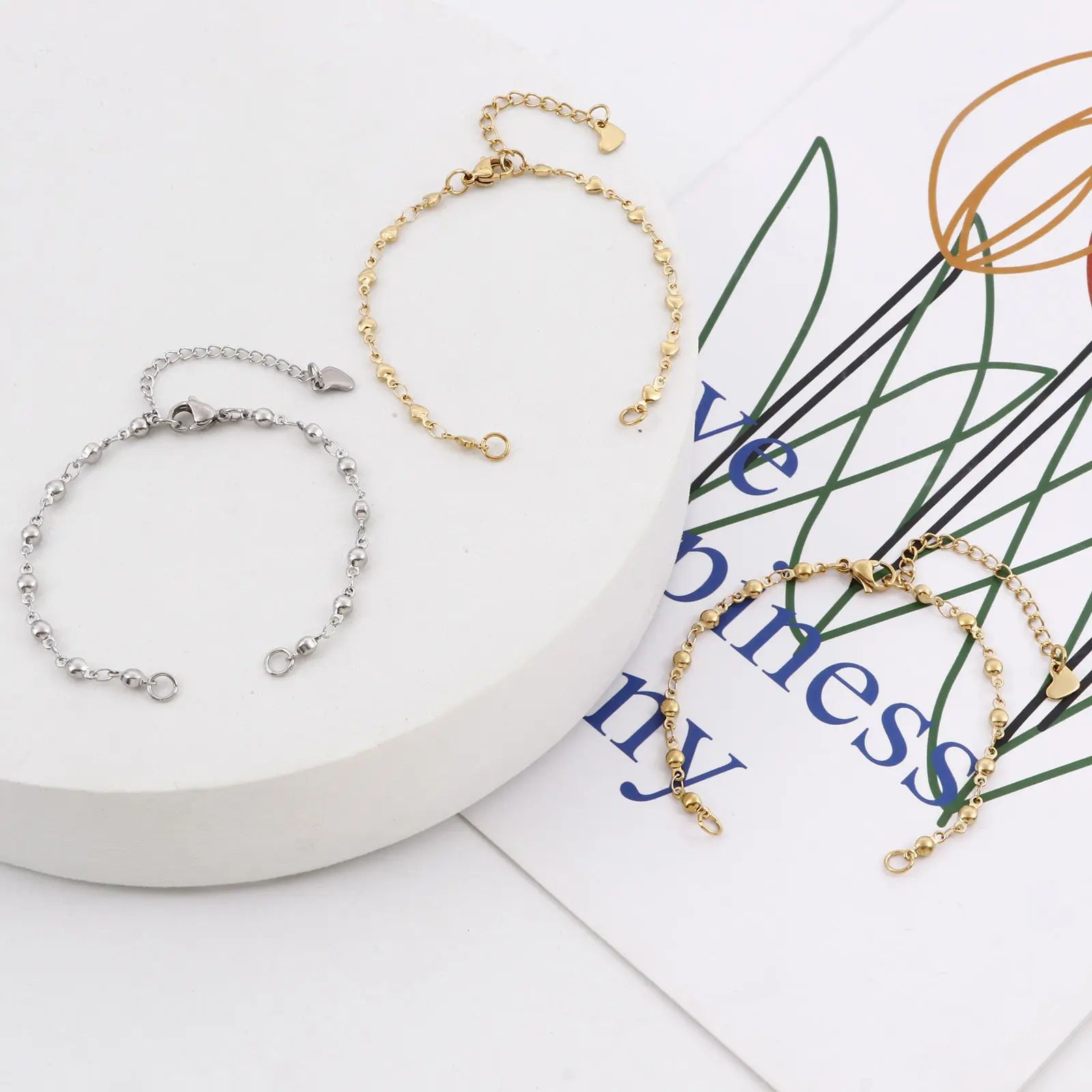304 Stainless Steel Link Chain Connector Bracelets Anklet Round Heart DIY Making Jewelry Findings 16.5cm(6 4/8") long, 2 PCs