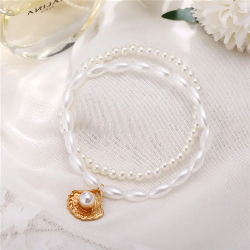 1 Set ( 2 PCs/Set) Elegant Anklet White Scallop Imitation Pearl Beach On Foot Ankle Bracelet Women Jewelry 22cm - 20cm long