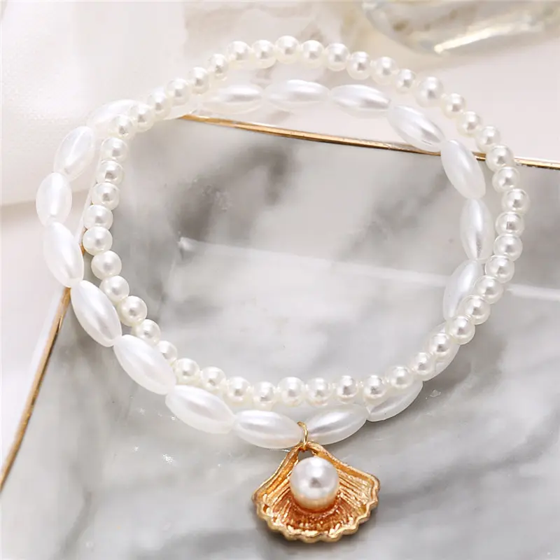 1 Set ( 2 PCs/Set) Elegant Anklet White Scallop Imitation Pearl Beach On Foot Ankle Bracelet Women Jewelry 22cm - 20cm long