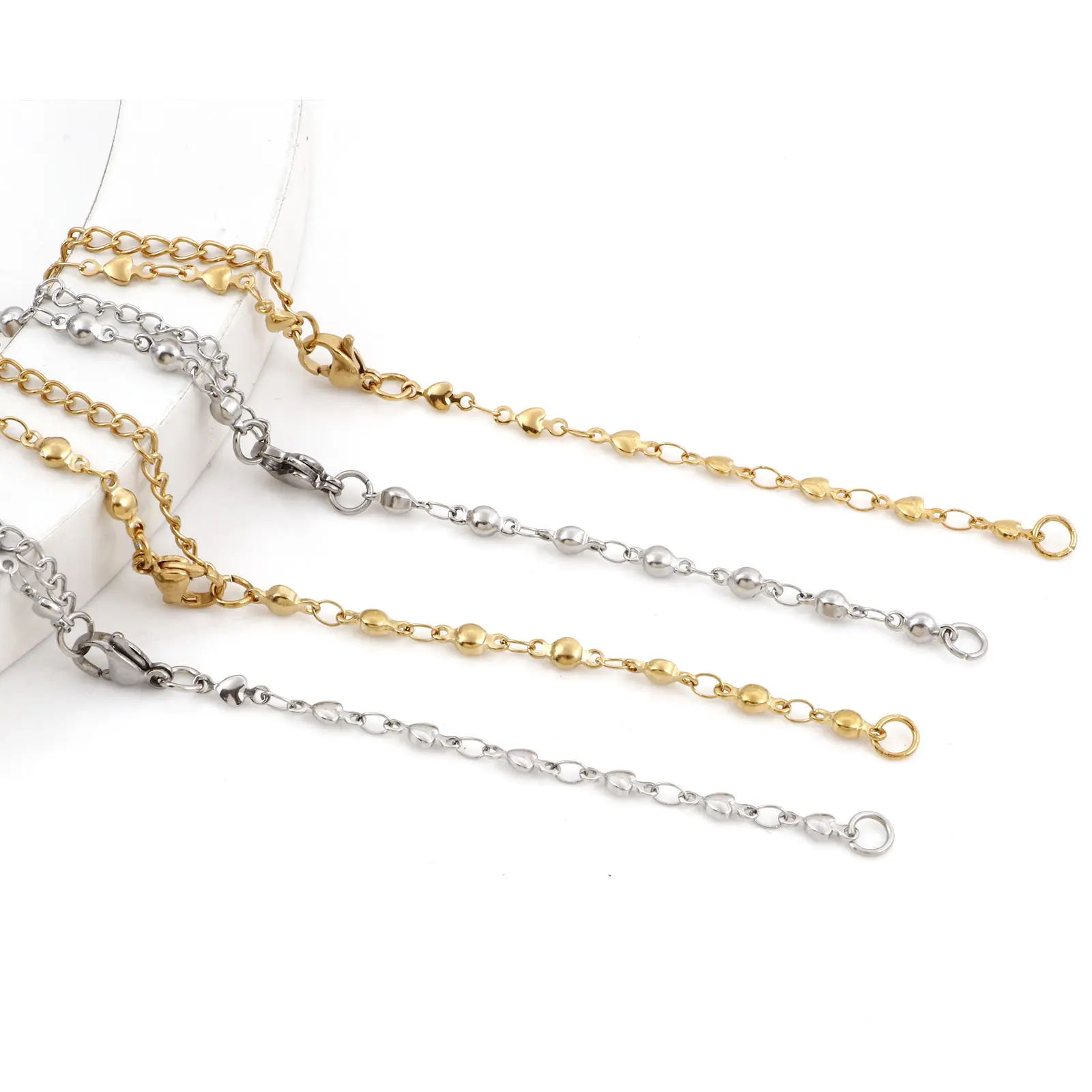 304 Stainless Steel Link Chain Connector Bracelets Anklet Round Heart DIY Making Jewelry Findings 16.5cm(6 4/8") long, 2 PCs