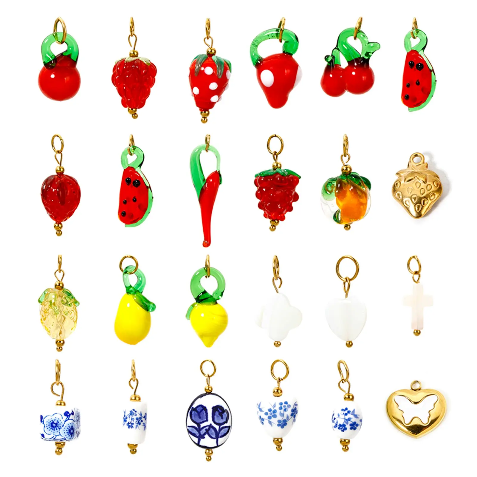 304 Stainless Steel Lampwork 3D Fruit Charms Strawberry Flora Grape Porcelain Pendant For DIY Necklace Bracelet Making, 1 Piece