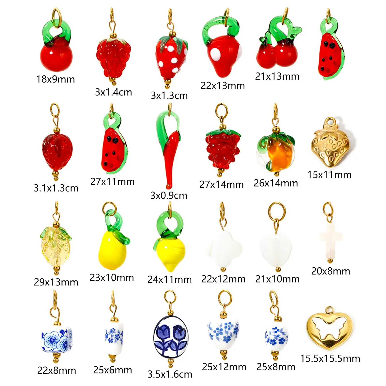 304 Stainless Steel Lampwork 3D Fruit Charms Strawberry Flora Grape Porcelain Pendant For DIY Necklace Bracelet Making, 1 Piece