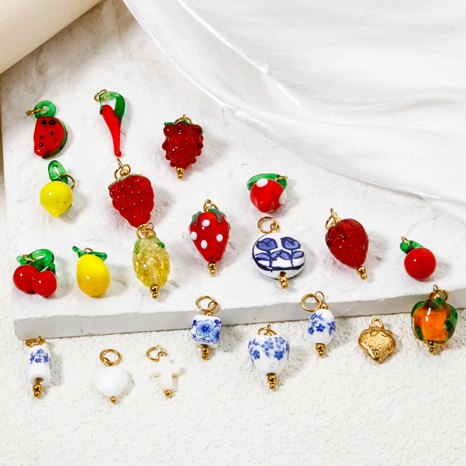 304 Stainless Steel Lampwork 3D Fruit Charms Strawberry Flora Grape Porcelain Pendant For DIY Necklace Bracelet Making, 1 Piece