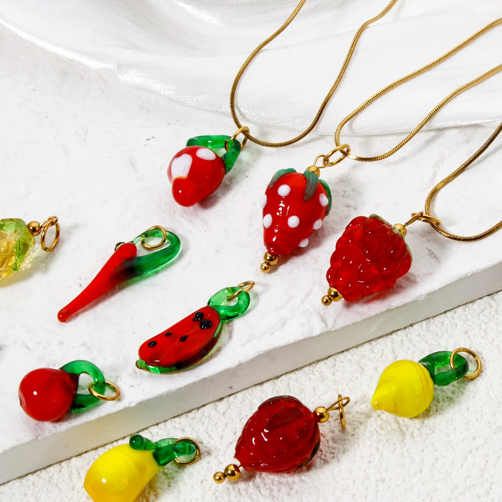 304 Stainless Steel Lampwork 3D Fruit Charms Strawberry Flora Grape Porcelain Pendant For DIY Necklace Bracelet Making, 1 Piece