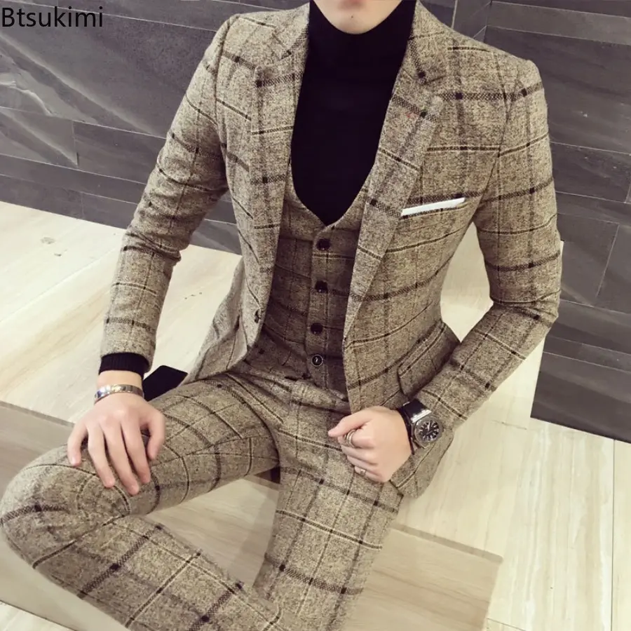 2025 New British Style Design Men's Casual Party Business Formal Clothes Men Fashion Plaid Suit Three-pieces (Blazer+Pants+Vest)