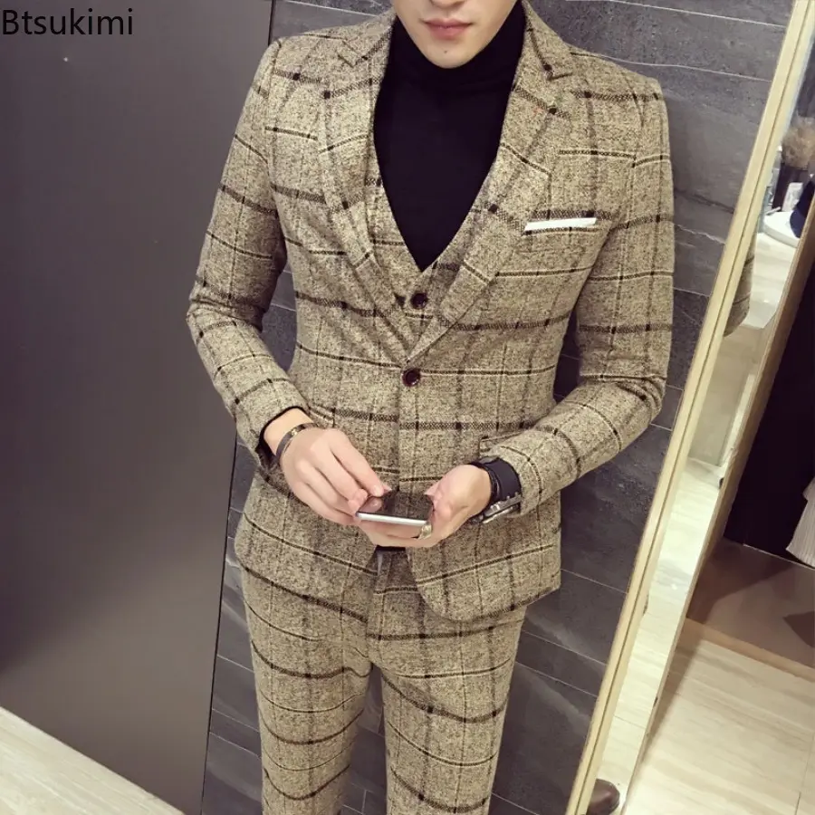 2025 New British Style Design Men's Casual Party Business Formal Clothes Men Fashion Plaid Suit Three-pieces (Blazer+Pants+Vest)