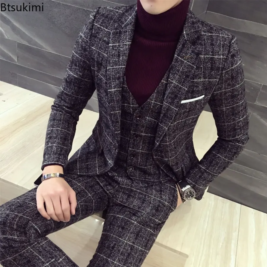 2025 New British Style Design Men's Casual Party Business Formal Clothes Men Fashion Plaid Suit Three-pieces (Blazer+Pants+Vest)
