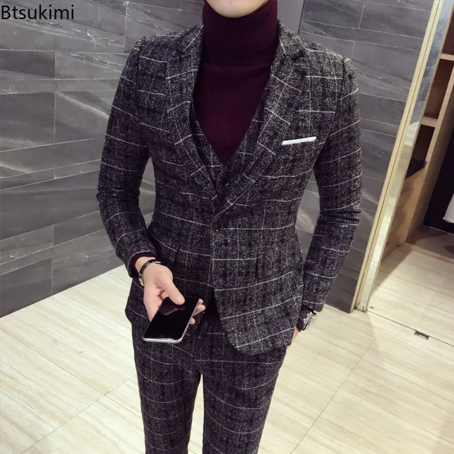 2025 New British Style Design Men's Casual Party Business Formal Clothes Men Fashion Plaid Suit Three-pieces (Blazer+Pants+Vest)