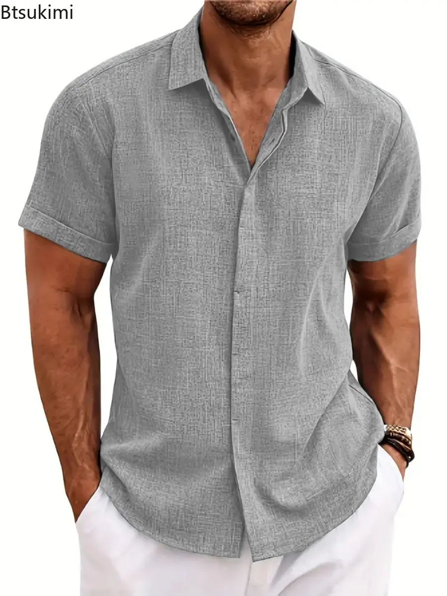 2025 Men's Solid Loose Casual Shirts Summer Comfortable Cotton Linen Short Sleeve Lapel Shirts Men Simple Versatile Beach Blouse