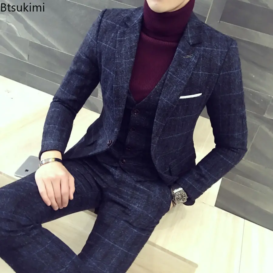 2025 New British Style Design Men's Casual Party Business Formal Clothes Men Fashion Plaid Suit Three-pieces (Blazer+Pants+Vest)