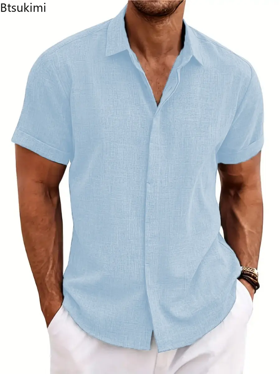 2025 Men's Solid Loose Casual Shirts Summer Comfortable Cotton Linen Short Sleeve Lapel Shirts Men Simple Versatile Beach Blouse
