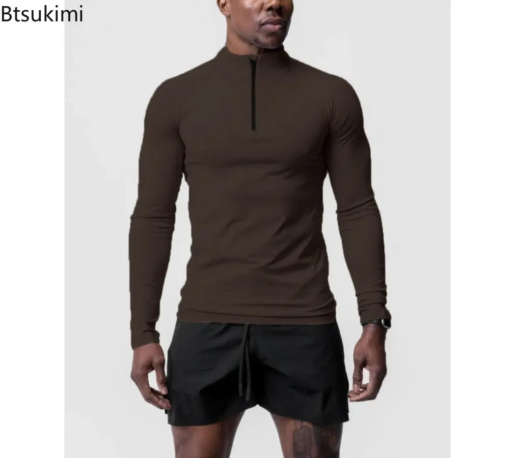 Men Solid Sports Fitness T-shirt De Rong Long Sleeves Small High Neck Half Zipper Top Fashion Leisure Training Running Clothing