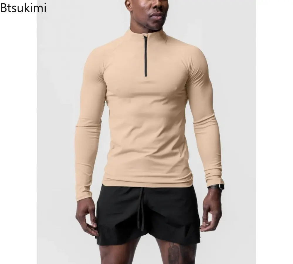 Men Solid Sports Fitness T-shirt De Rong Long Sleeves Small High Neck Half Zipper Top Fashion Leisure Training Running Clothing