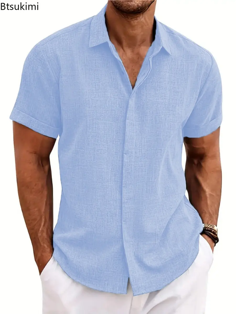 2025 Men's Solid Loose Casual Shirts Summer Comfortable Cotton Linen Short Sleeve Lapel Shirts Men Simple Versatile Beach Blouse