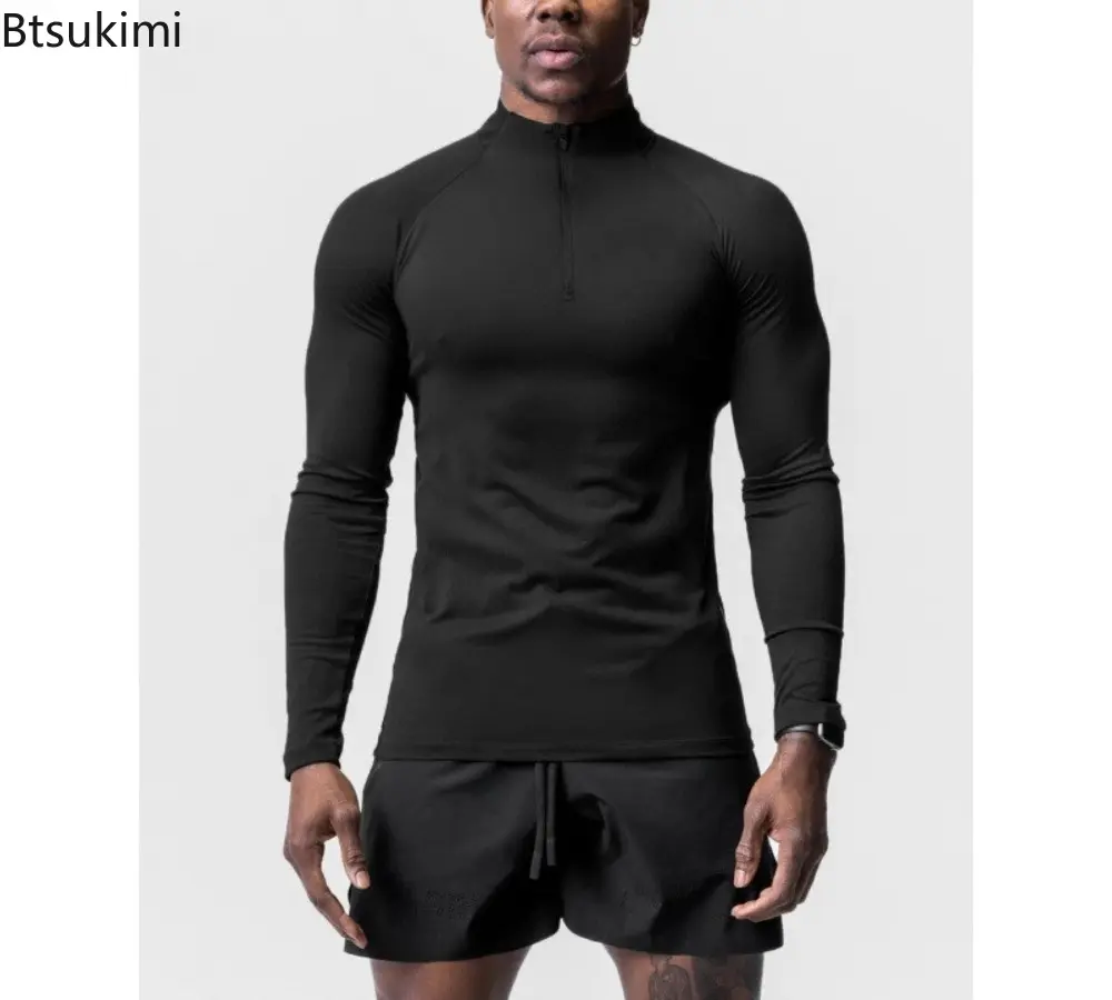 Men Solid Sports Fitness T-shirt De Rong Long Sleeves Small High Neck Half Zipper Top Fashion Leisure Training Running Clothing