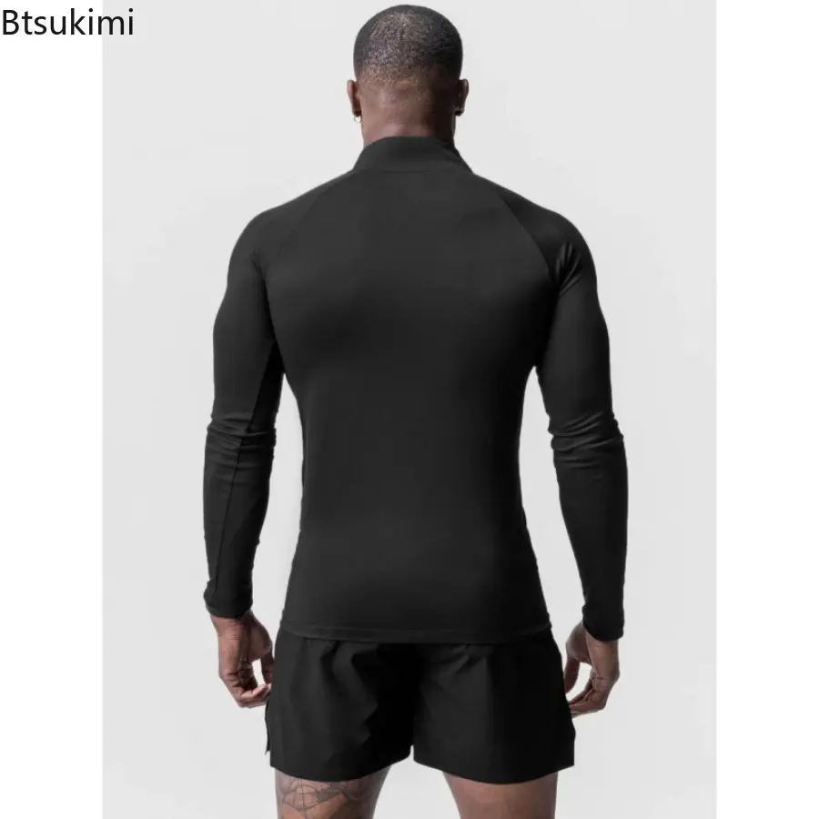 Men Solid Sports Fitness T-shirt De Rong Long Sleeves Small High Neck Half Zipper Top Fashion Leisure Training Running Clothing