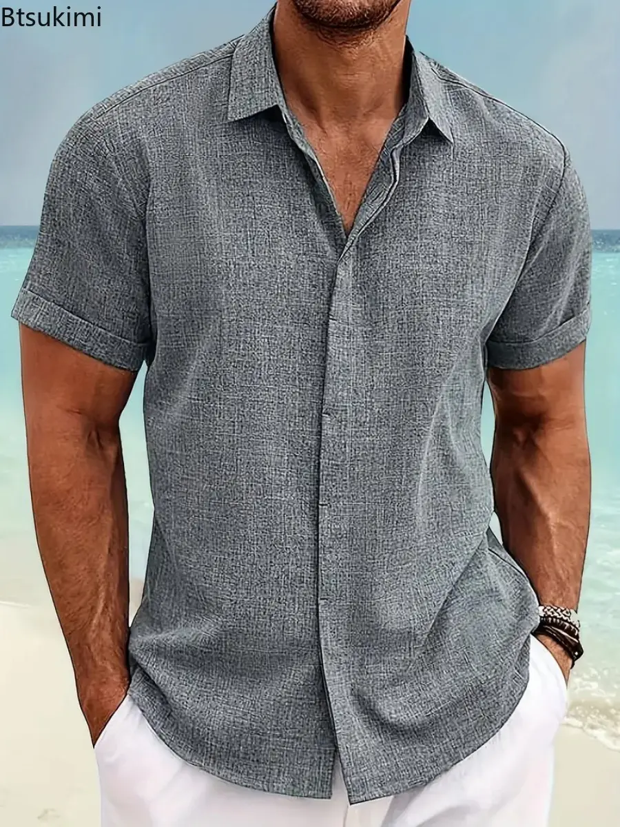 2025 Men's Solid Loose Casual Shirts Summer Comfortable Cotton Linen Short Sleeve Lapel Shirts Men Simple Versatile Beach Blouse