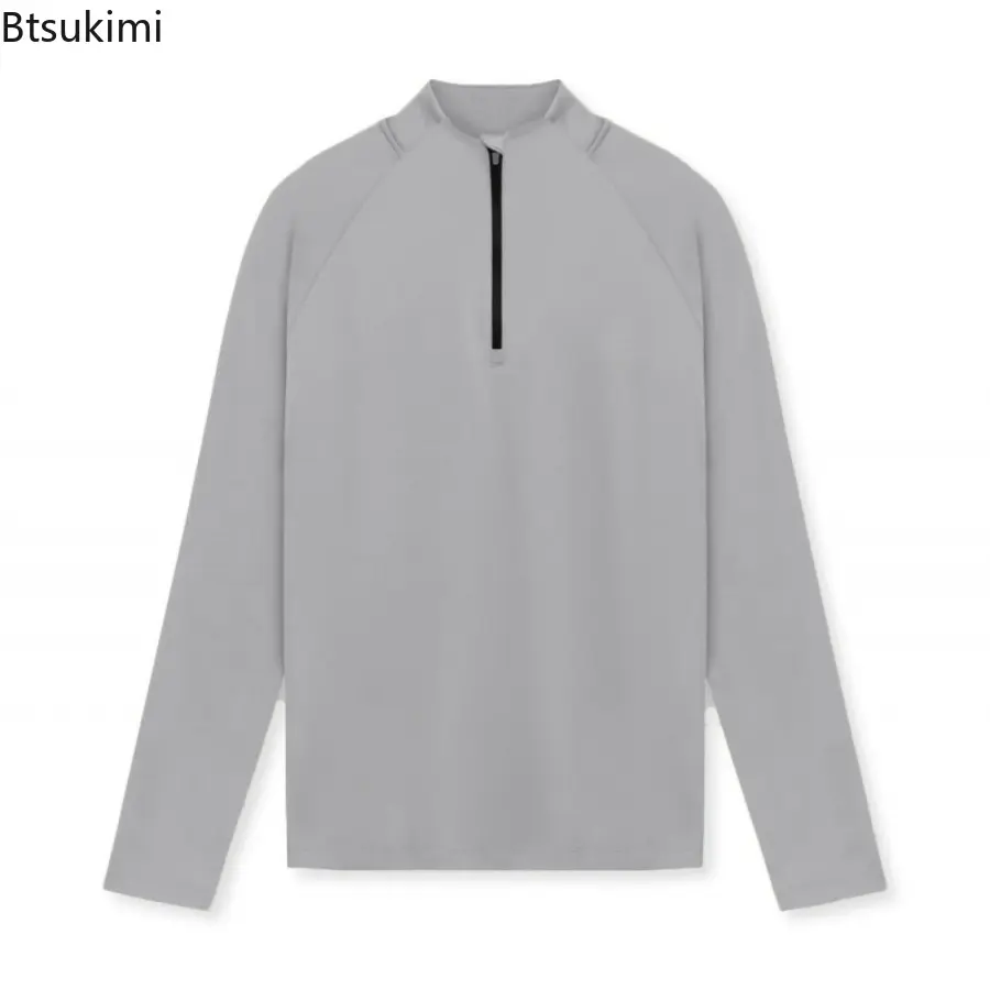 Men Solid Sports Fitness T-shirt De Rong Long Sleeves Small High Neck Half Zipper Top Fashion Leisure Training Running Clothing