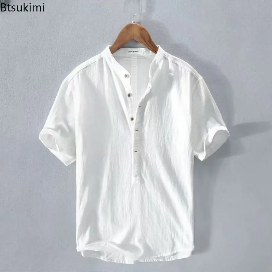 Men's Linen Short Sleeved T-shirt Retro Chinese Style Standing Collar Cotton Linen Loose Tops Fashionable Casual Male Streetwear