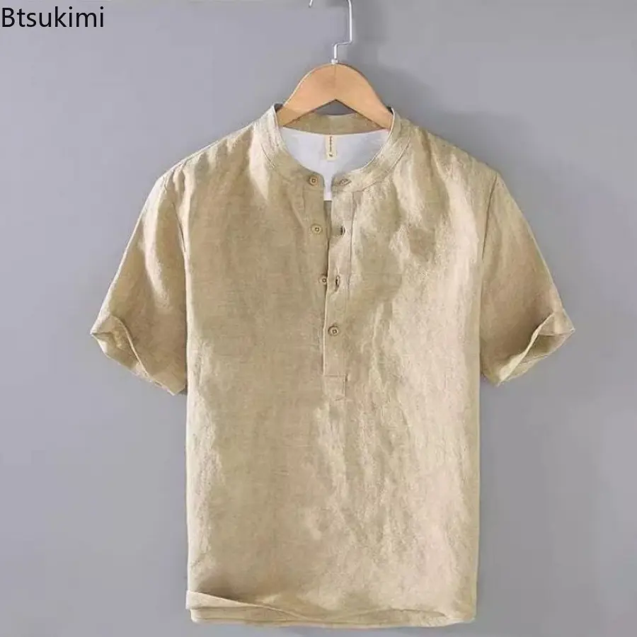 Men's Linen Short Sleeved T-shirt Retro Chinese Style Standing Collar Cotton Linen Loose Tops Fashionable Casual Male Streetwear