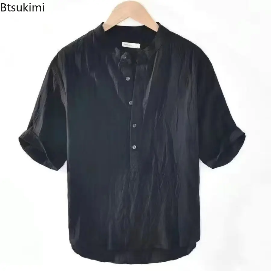 Men's Linen Short Sleeved T-shirt Retro Chinese Style Standing Collar Cotton Linen Loose Tops Fashionable Casual Male Streetwear