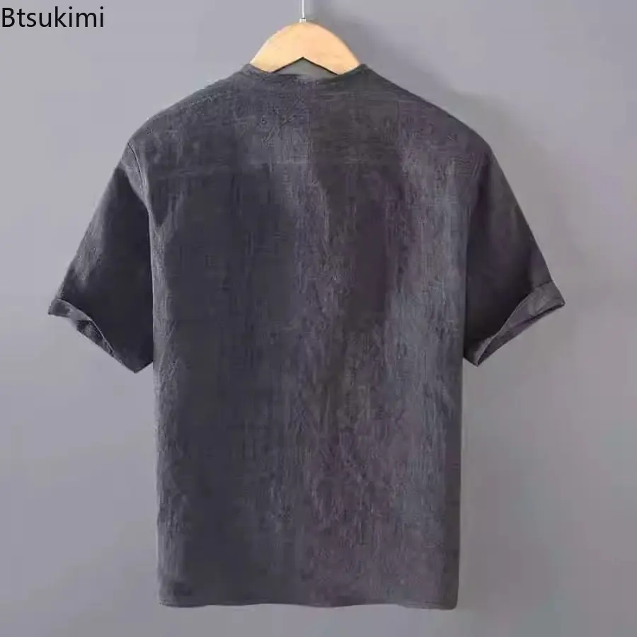 Men's Linen Short Sleeved T-shirt Retro Chinese Style Standing Collar Cotton Linen Loose Tops Fashionable Casual Male Streetwear