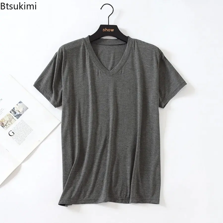 Men's Summer Modal Cotton Solid Casual T-shirts Comfortable Soft Short-sleeved V-neck Tops Men Loose Bottoming Shirts Home Wear