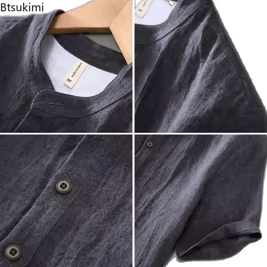 Men's Linen Short Sleeved T-shirt Retro Chinese Style Standing Collar Cotton Linen Loose Tops Fashionable Casual Male Streetwear