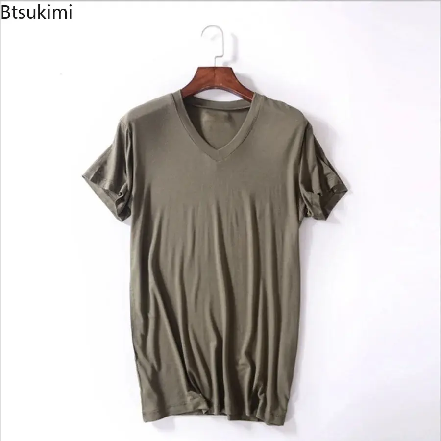 Men's Summer Modal Cotton Solid Casual T-shirts Comfortable Soft Short-sleeved V-neck Tops Men Loose Bottoming Shirts Home Wear