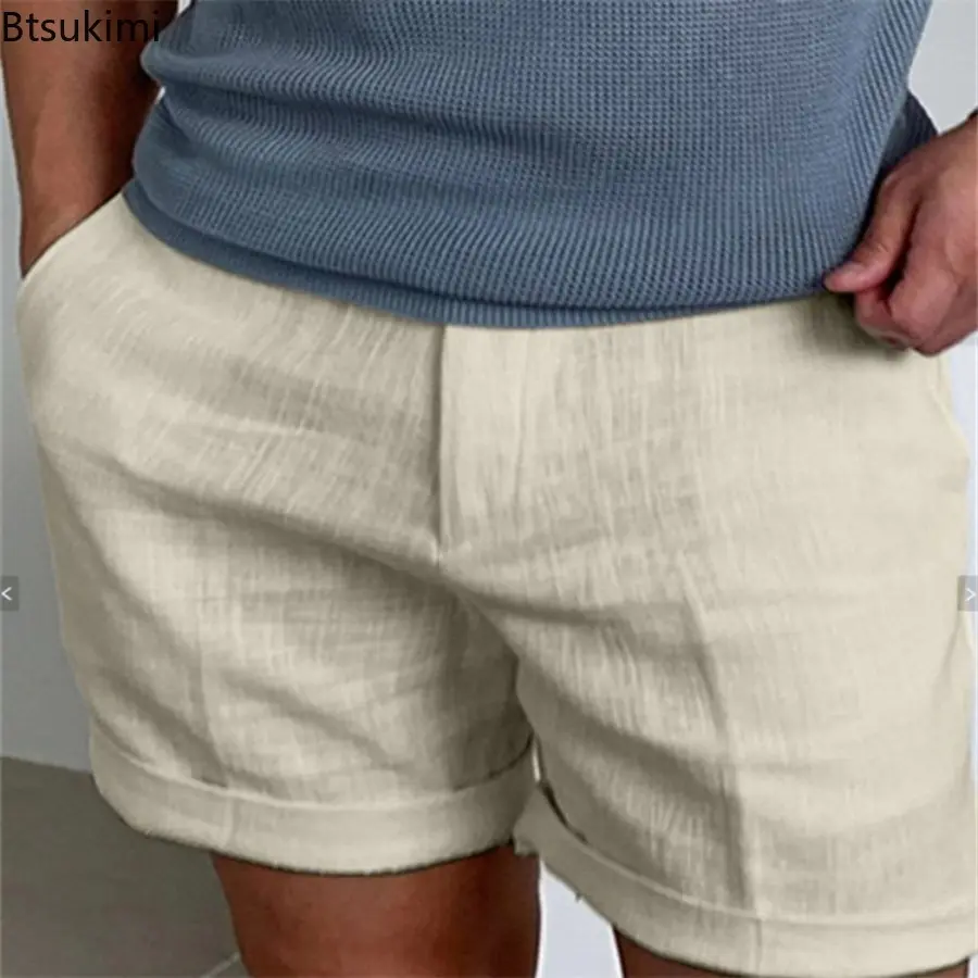 New Men's Solid Daily Casual Shorts Summer Breathable Cotton Linen Beach Shorts with Pockets Men Outdoor Joggers Sport Trousers