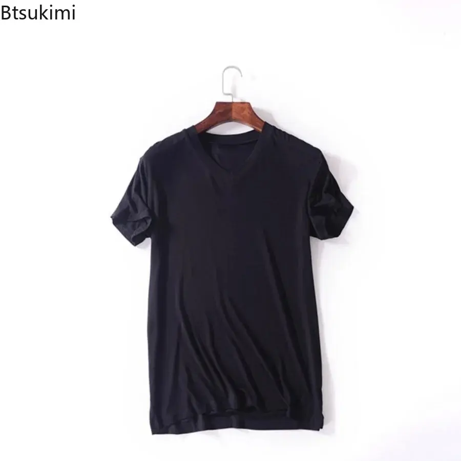 Men's Summer Modal Cotton Solid Casual T-shirts Comfortable Soft Short-sleeved V-neck Tops Men Loose Bottoming Shirts Home Wear