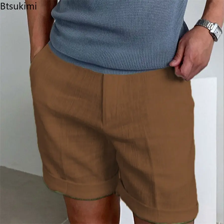 New Men's Solid Daily Casual Shorts Summer Breathable Cotton Linen Beach Shorts with Pockets Men Outdoor Joggers Sport Trousers