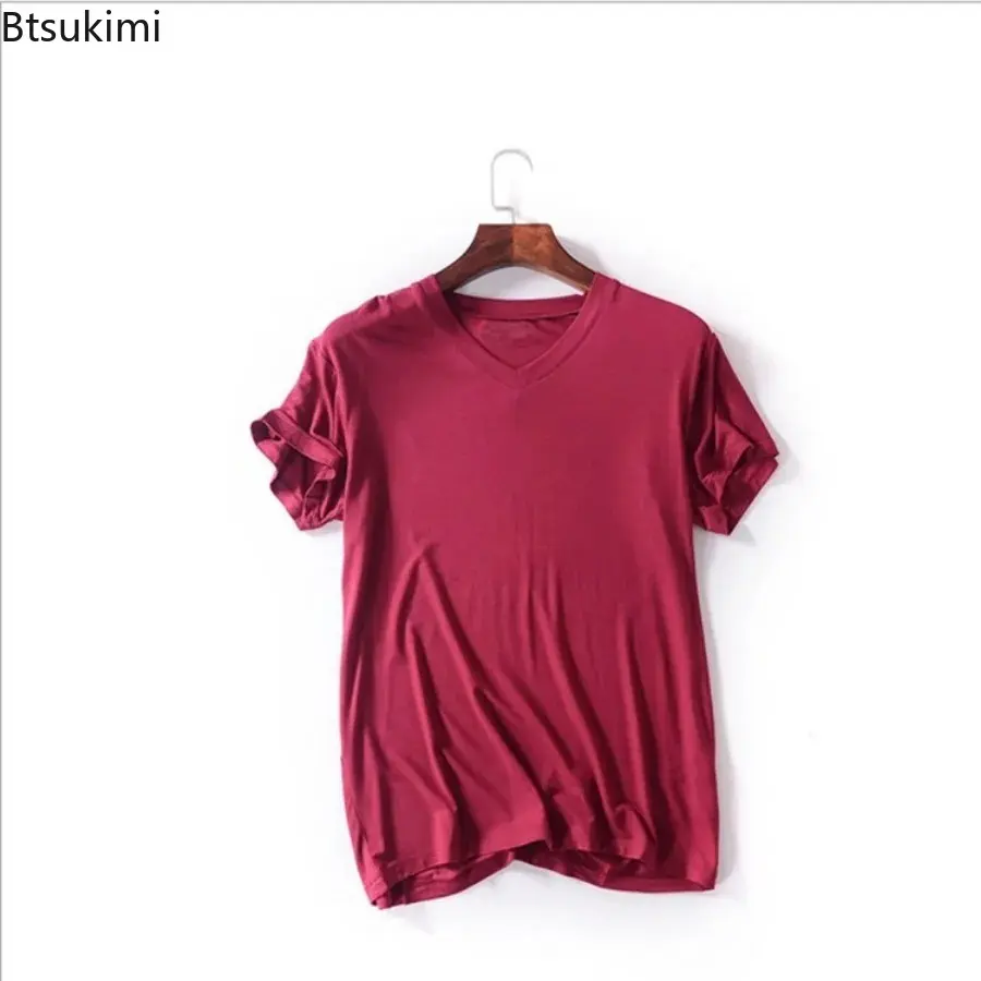 Men's Summer Modal Cotton Solid Casual T-shirts Comfortable Soft Short-sleeved V-neck Tops Men Loose Bottoming Shirts Home Wear