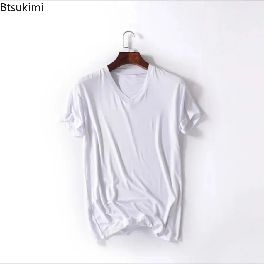 Men's Summer Modal Cotton Solid Casual T-shirts Comfortable Soft Short-sleeved V-neck Tops Men Loose Bottoming Shirts Home Wear