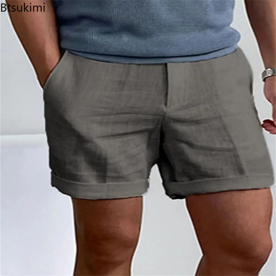 New Men's Solid Daily Casual Shorts Summer Breathable Cotton Linen Beach Shorts with Pockets Men Outdoor Joggers Sport Trousers