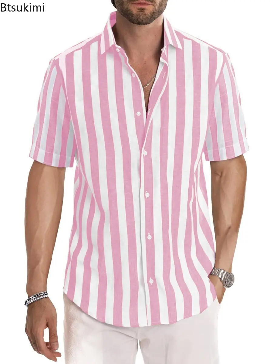 2025 Men's Classic Striped Print Shirts Summer Fashion Cotton Beach Blouse Breathable Short Sleeve Lapel Tops Men Casual T-shirt