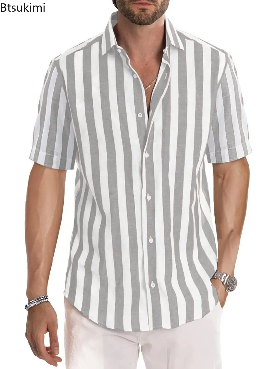 2025 Men's Classic Striped Print Shirts Summer Fashion Cotton Beach Blouse Breathable Short Sleeve Lapel Tops Men Casual T-shirt